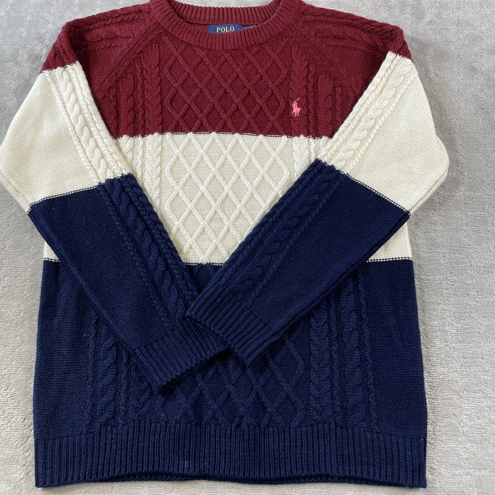 Polo Ralph Lauren Sweater Womens Large Colorblock Merino Wool Cable Knit Preppy